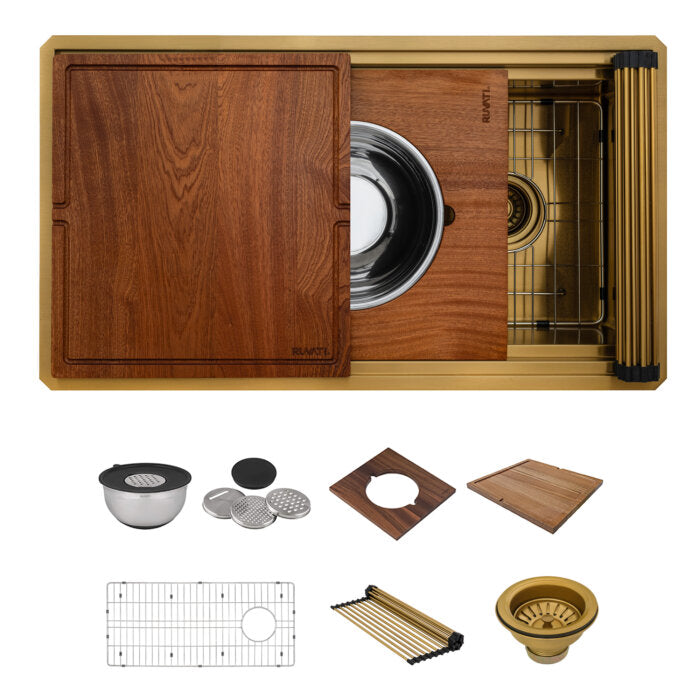 Dual-Tier Pro Ruvati 33-inch Matte Gold Stainless Steel Workstation Two-Tiered Ledge Undermount Kitchen Sink – Model# RVH6222GG