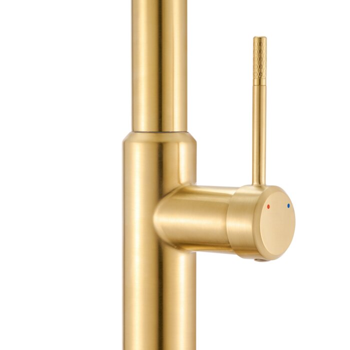 Vestia Model: RVF1237SG Ruvati Vestia Single Handle Pull Down Kitchen Faucet Knurled Modern Arc with Sprayer in Brushed Gold – RVF1237SG
