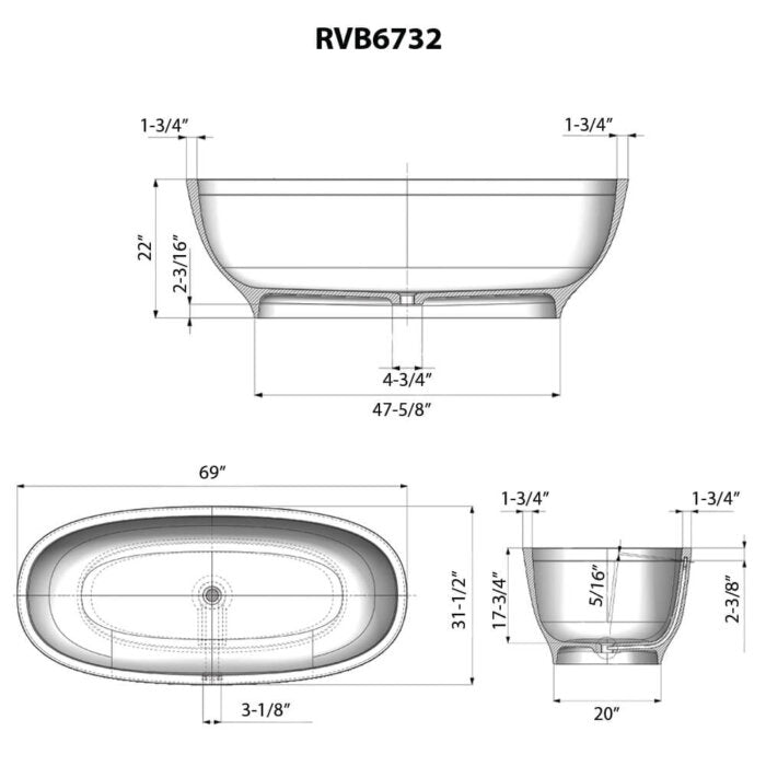 Viola Ruvati 69-inch White epiStone Solid Surface Oval Freestanding Bathtub Viola – Model# RVB6732WH