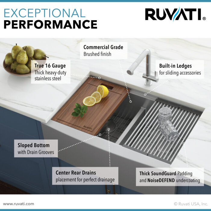 Verona Ruvati 33″ Apron-front Workstation Low-Divide Double Bowl 60/40 Farmhouse Kitchen Sink 16 Gauge Stainless Steel – Model # RVH9201