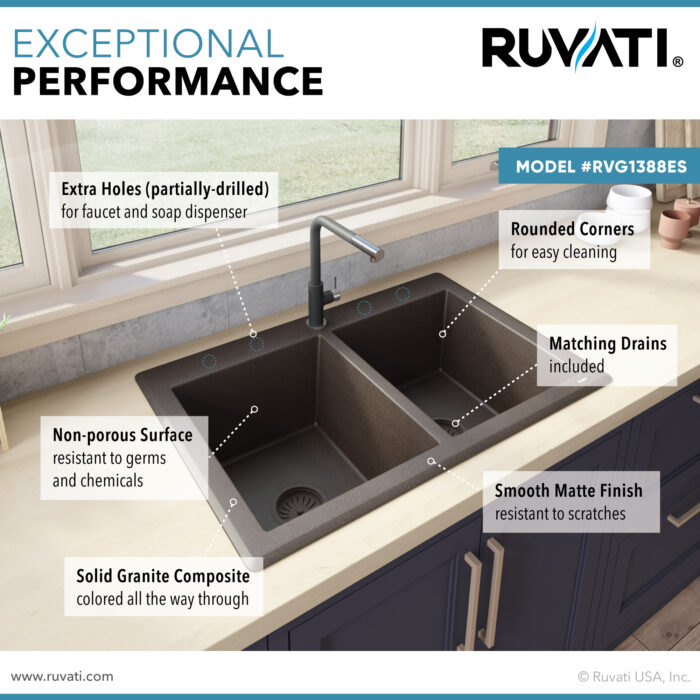 epiGranite Model: RVG1388ES Ruvati 33 x 22 inch epiGranite Drop-in Topmount Granite Composite Quartz Double Bowl Kitchen Sink – Espresso Brown – RVG1388ES