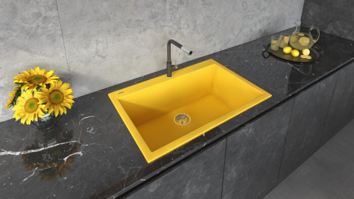 epiGranite Model: RVG1080YL Ruvati 33 x 22 inch Granite Composite Quartz Drop-in Topmount Kitchen Sink Single Bowl – Midas Yellow – RVG1080YL