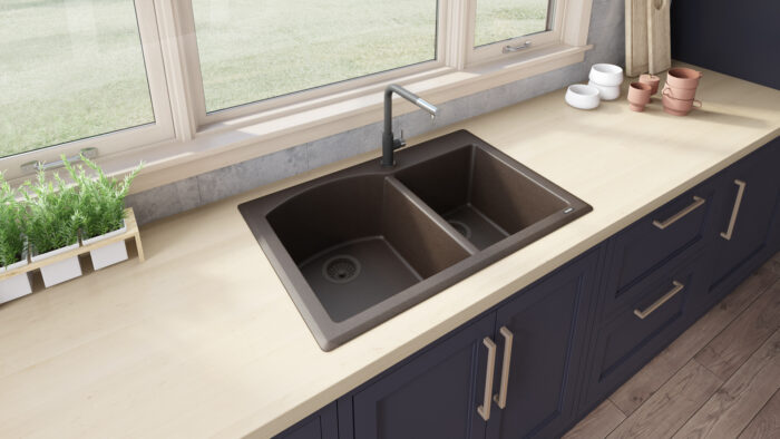 epiGranite Model: RVG1344ES Ruvati 33 x 22 inch epiGranite Drop-in Topmount Granite Composite Quartz Double Bowl Kitchen Sink – Espresso Brown – RVG1344ES