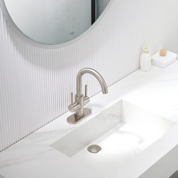 Oakland Two Handle Bathroom Sink Faucet with Pop Up Drain in Brushed Nickel – Model # KSB1217BN