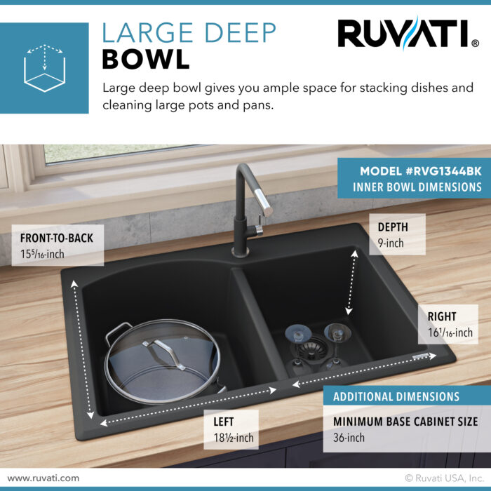epiGranite Model: RVG1344BK Ruvati 33 x 22 inch epiGranite Drop-in Topmount Granite Composite Quartz Double Bowl Kitchen Sink – Midnight Black – RVG1344BK