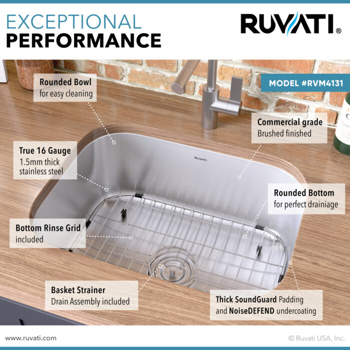 Parmi Model: RVM4131 Ruvati 21-inch Undermount 16 Gauge Stainless Steel Kitchen Sink Single Bowl – RVM4131