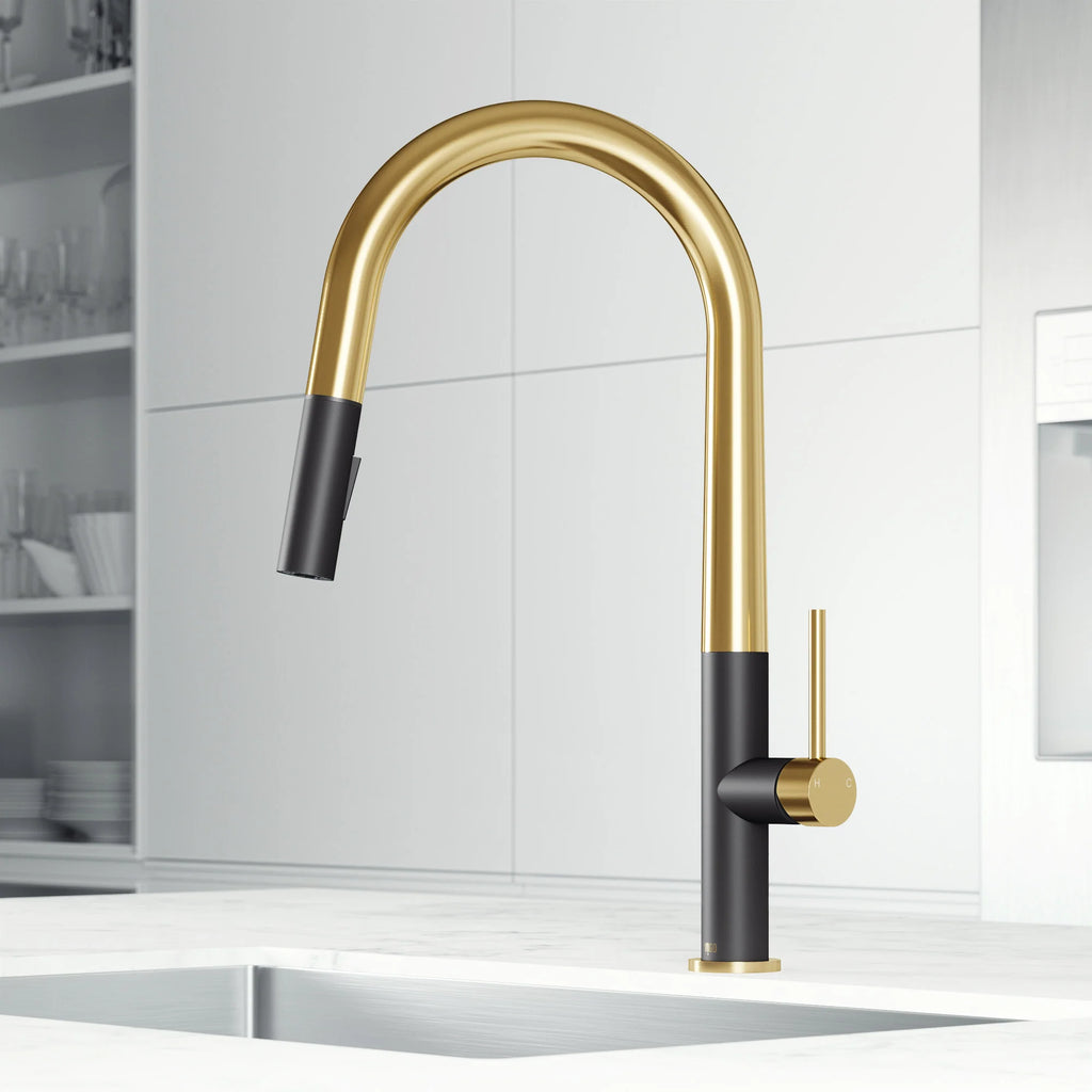 VIGO - Greenwich 18 in. Single Handle Pull-Down Kitchen Faucet In Primary Matte Brushed Gold/Matte Black Finish Model# VG02029SMBMGG