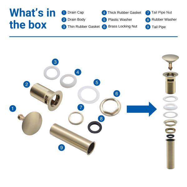 Oakland Bathroom Sink Drain Push Style Pop-Up with Overflow in Satin Gold Finish Model# KSPOP-07