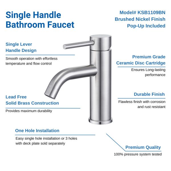 Oakland Single Handle Bathroom Sink Faucet with Pop Up Drain In Brushed Nickel Model# KSB1109BN