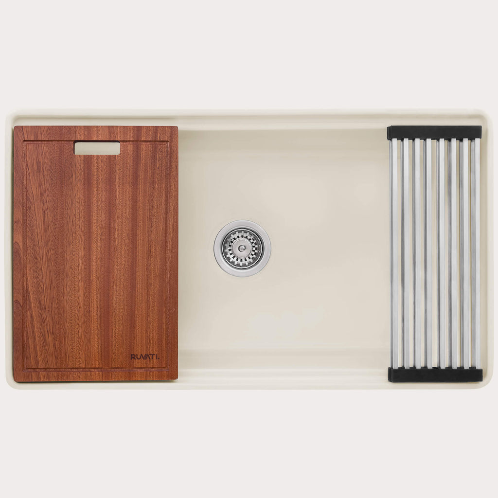 Fiore Model: RVL2387BS Ruvati 33 inch Fireclay Workstation Farmhouse Kitchen Sink Apron Front Single Bowl Biscuit Sand – RVL2387BS