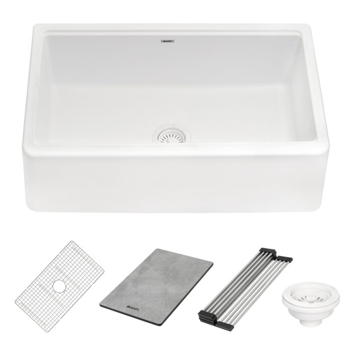 epiCast Ruvati 33-inch Matte White Granite Farmhouse Workstation Apron-front Composite Kitchen Sink – Model# RVG1533WH