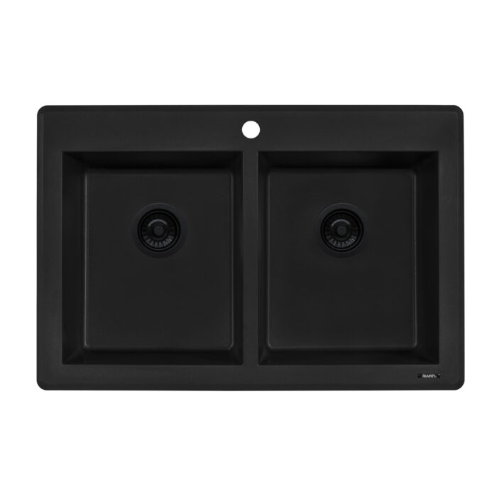 epiGranite Model: RVG1388BK Ruvati 33 x 22 inch epiGranite Drop-in Topmount Granite Composite Quartz Double Bowl Kitchen Sink – Midnight Black – RVG1388BK