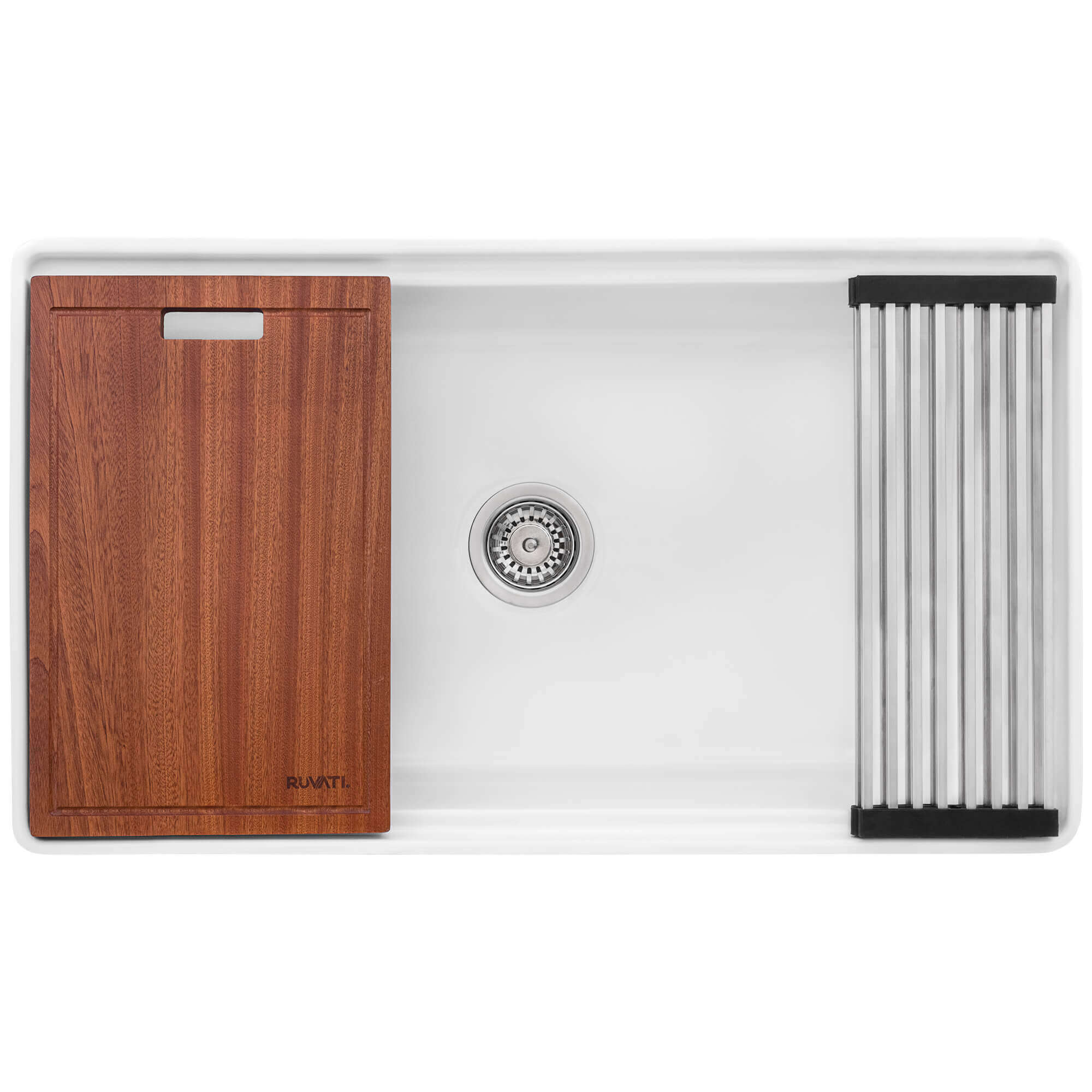 Fiore Model: RVL2387WH Ruvati 33 inch Fireclay Workstation White Farmhouse Kitchen Sink Apron Front Single Bowl – RVL2387WH