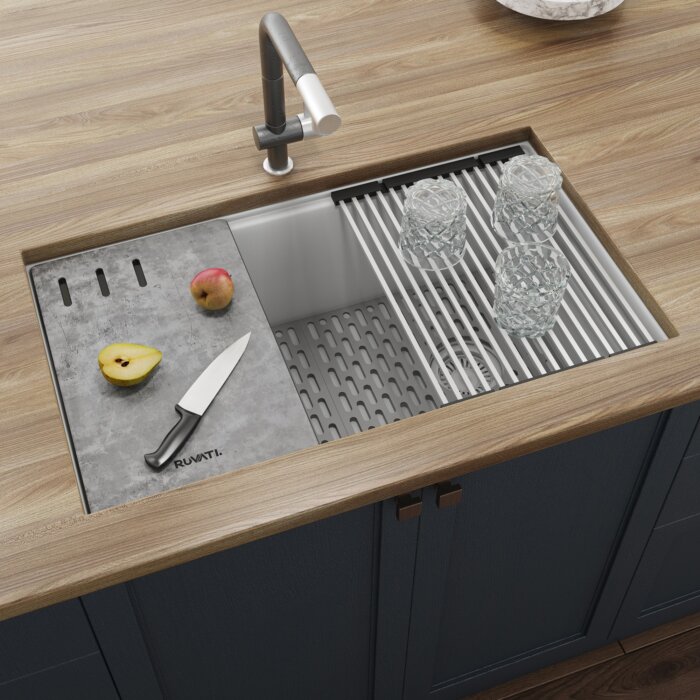 epiStage Ruvati 33" Granite Composite Workstation Undermount Kitchen Sink Single Bowl White – Model# RVG2302WH