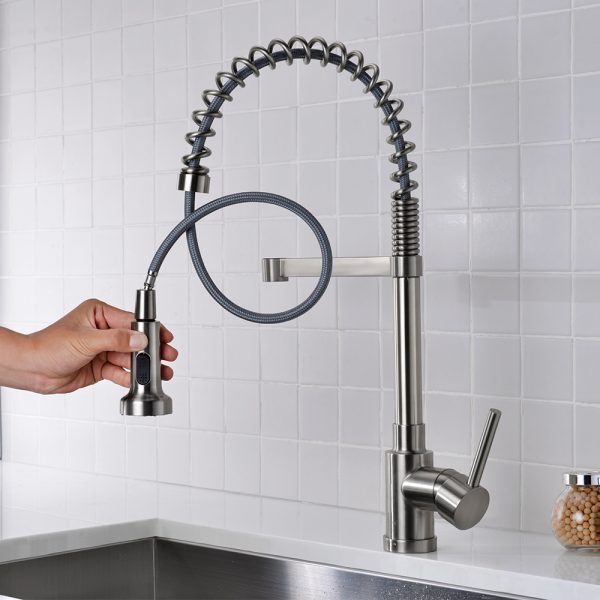 Single Handle 1 Hole Pull-Down Kitchen Faucet with Spring in Brushed Nickel Model# KSK1115BN