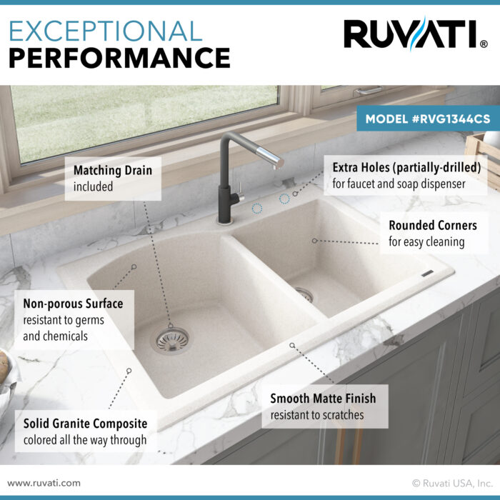 epiGranite Model: RVG1344CS Ruvati 33 x 22 inch epiGranite Drop-in Topmount Granite Composite Quartz Double Bowl Kitchen Sink – Caribbean Sand – RVG1344CS