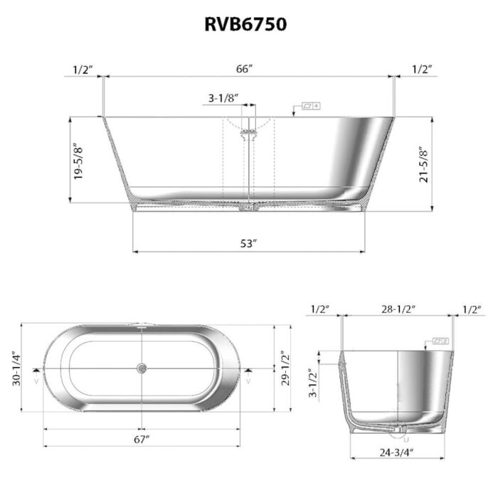 Omnia Ruvati 67-inch White epiStone Solid Surface Oval Freestanding Bathtub Omnia Matte – Model# RVB6750WH