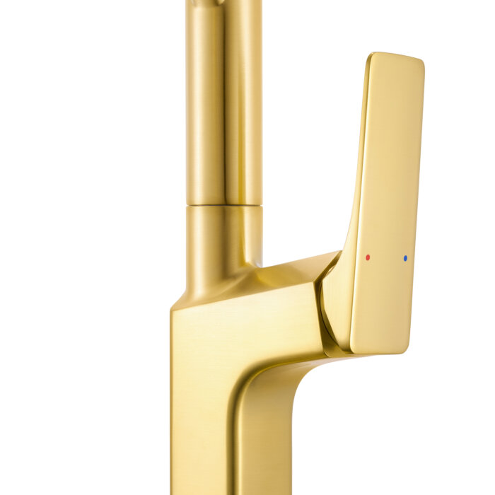 Seneca Model: RVF1236SG Ruvati Seneca Single Handle Pull Down Spring Kitchen Faucet with Pre-Rinse Sprayer in Brushed Gold – RVF1236SG