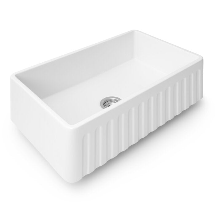 Fiamma Ruvati 33" x 20" Fireclay Reversible Farmhouse Apron-Front Kitchen Sink Single Bowl – White – Model# RVL2300WH