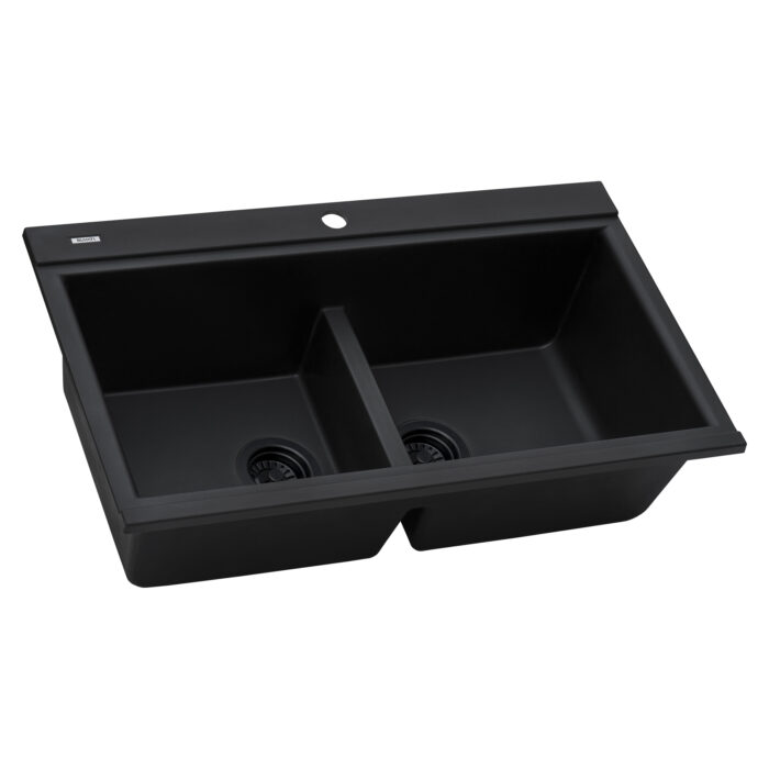 epiGranite Model: RVG1350BK Ruvati 34 inch epiGranite Drop-in Topmount Workstation Ledge Granite Composite Quartz Kitchen Sink – Midnight Black – RVG1350BK