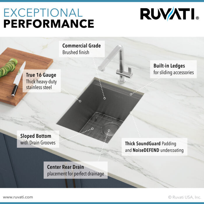 Roma Ruvati 15″ Workstation Bar Prep Sink Ledge Undermount 16 Gauge Stainless Steel Single Bowl – Model # RVH8304