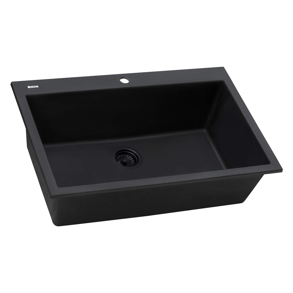 Ruvati 27 x 20 inch Drop-in Topmount Granite Composite Quartz Single Bowl Kitchen Sink – Midnight Black – RVG1027BK