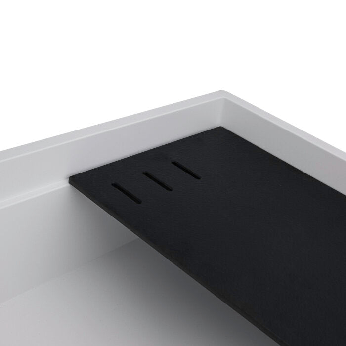 epiStage Model: RVG1650WH Ruvati 18 x 34 inch Granite Composite Quartz Workstation Kitchen Sink epiStage Dual Mount Single Bowl – Arctic White Matte – RVG1650WH