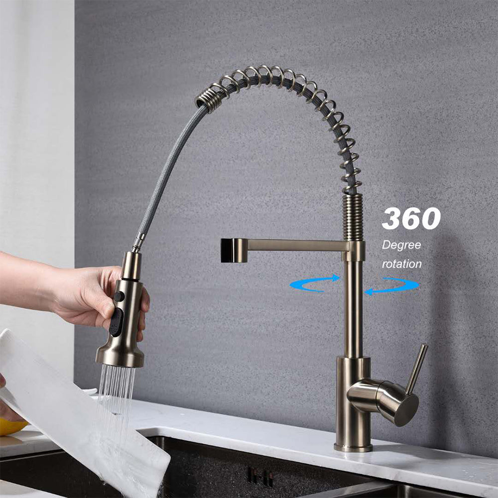 Single Handle 1 Hole Pull-Down Kitchen Faucet with Spring in Brushed Nickel Model# KSK1125BN