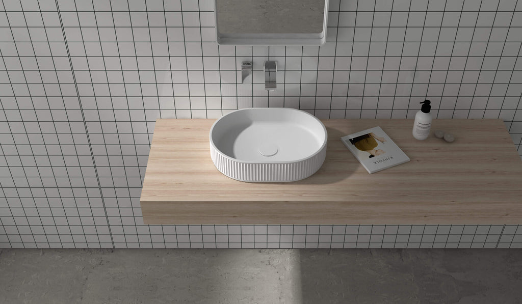 Cordona Model: RVB2819WH Ruvati 19 x 14 inch Fluted Vessel Bathroom Sink epiStone Solid Surface Modern Oval Matte White – RVB2819WH