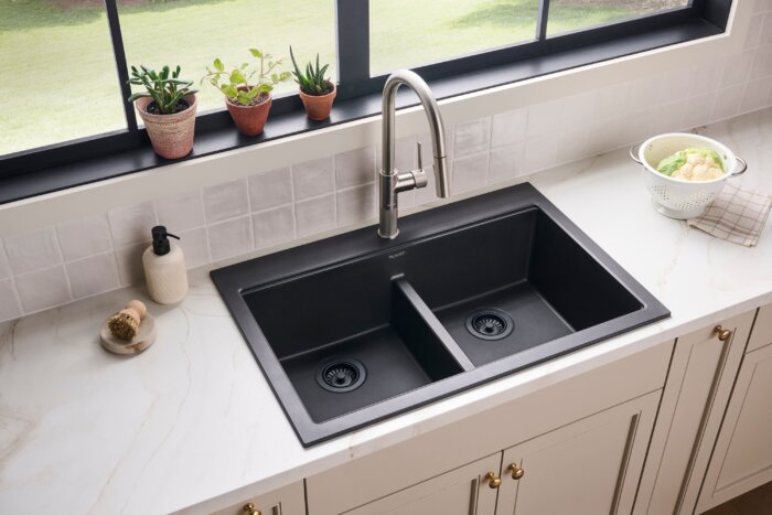 epiGranite Model: RVG1385BK Ruvati 33 x 22 inch epiGranite Drop-in TopMount Granite Composite Quartz Double Bowl Low Divide Kitchen Sink – Midnight Black – RVG1385BK