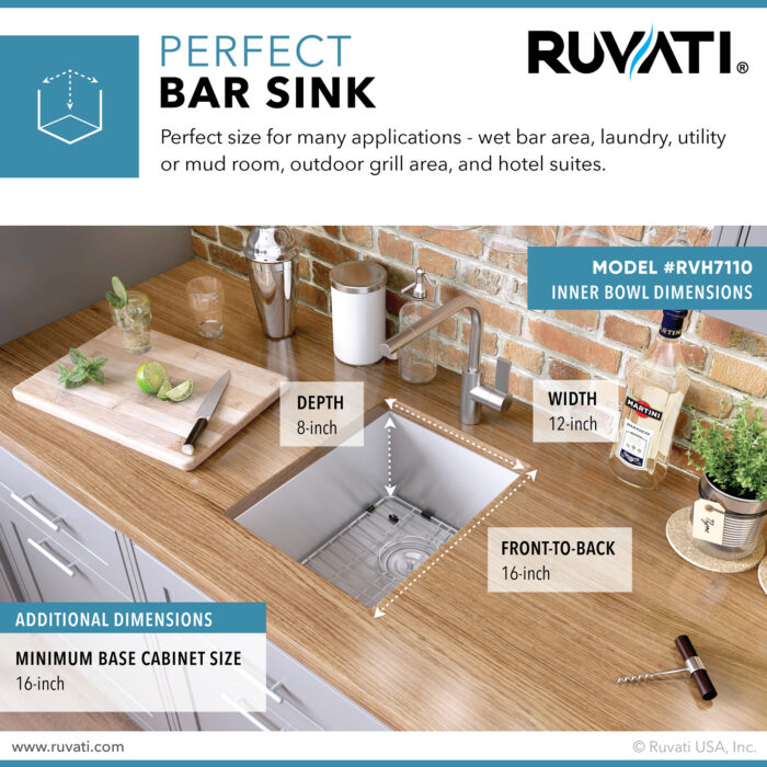 Nesta Ruvati 14-inch Undermount 16 Gauge Zero Radius Bar Prep Kitchen Sink Stainless Steel Single Bowl – Model# RVH7110
