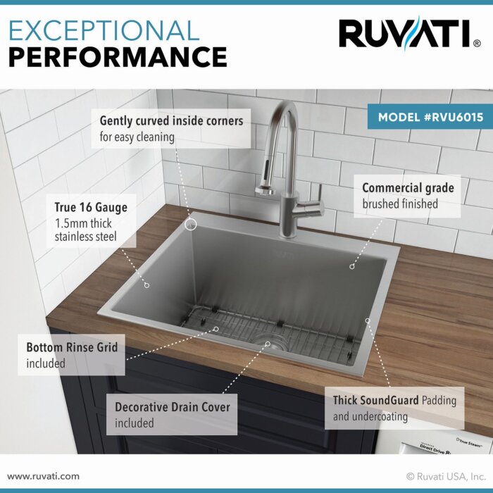 Forma Pro Model: RVU6015 Ruvati Topmount Laundry Utility Sink 25" x 22" x 12" Rounded Corners Deep 16 Gauge Stainless Steel – Model# RVU6015