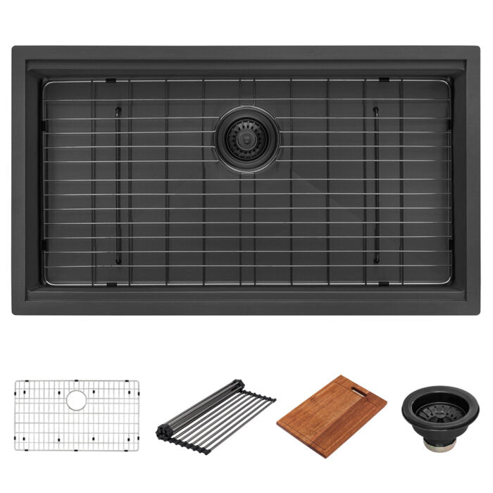 Giana Ruvati 33" Gunmetal Black Stainless Steel Workstation Undermount Kitchen Sink Single Bowl – Model# RVH6533BL