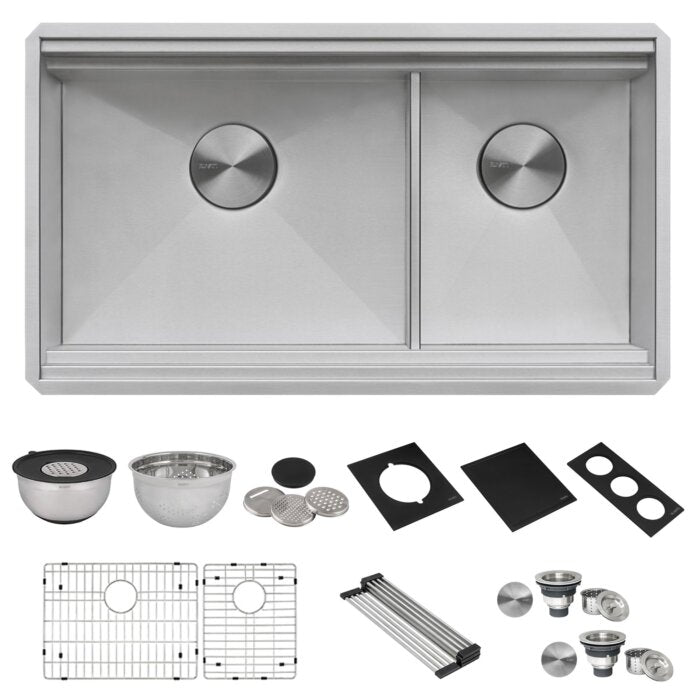 Dual-Tier Nova Model: RVH8254 Ruvati 33-inch Workstation Dual Tier Nova Double Bowl Low Divide Undermount Stainless Steel Kitchen Sink – RVH8254