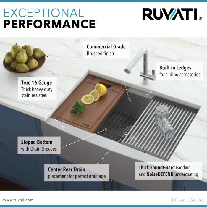 Verona Ruvati 33-inch Apron-front Workstation Farmhouse Kitchen Sink 16 Gauge Stainless Steel Single Bowl – Model # RVH9200