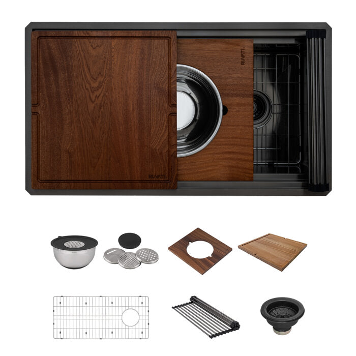 Dual-Tier Pro Ruvati 33-inch Gunmetal Black Stainless Steel Workstation Two-Tiered Ledge Kitchen Sink Undermount – Model# RVH6222BL