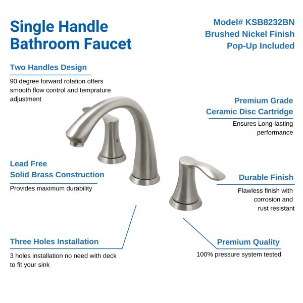 Oakland Wide Spread Bathroom Sink Faucet with Pop Up Drain in Brushed Nickel Model# KSB8232BN