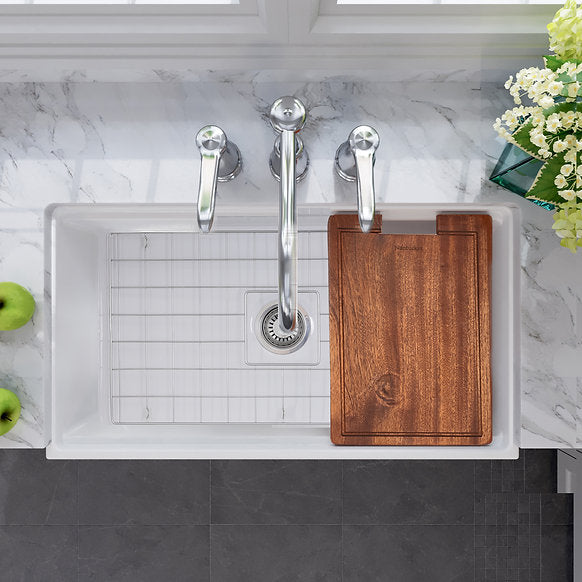 Nantucket Sinks - 33" Fireclay Reversible Workstation Farmhouse Fireclay Sink with Included Accessories Model# T-PS33W