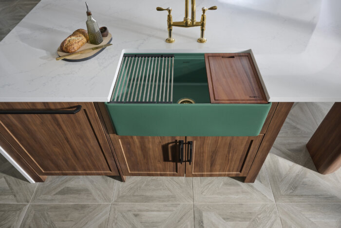 Fiore Model: RVL2387EG Ruvati 33 inch Fireclay Workstation Emerald Green Farmhouse Kitchen Sink Apron Front Single Bowl – RVL2387EG