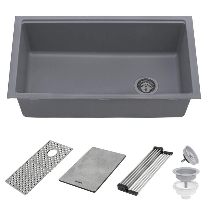epiStage Model: RVG2302UG Ruvati 33-inch Undermount Workstation Granite Composite Quartz Kitchen Sink Urban Gray – RVG2302UG