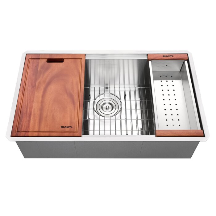 Roma Ruvati 28-inch Workstation Ledge Undermount 16 Gauge Stainless Steel Kitchen Sink Single Bowl – Model # RVH8309