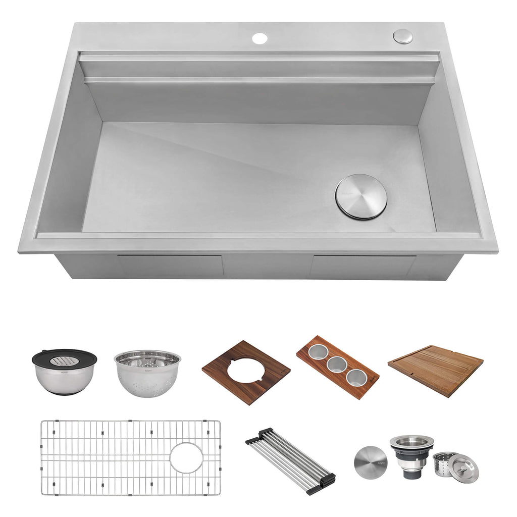Dual Tier Model: RVH8424 Ruvati 33-inch Workstation Two-Tiered Ledge Kitchen Sink Drop-in Topmount 16 Gauge Stainless Steel – RVH8424