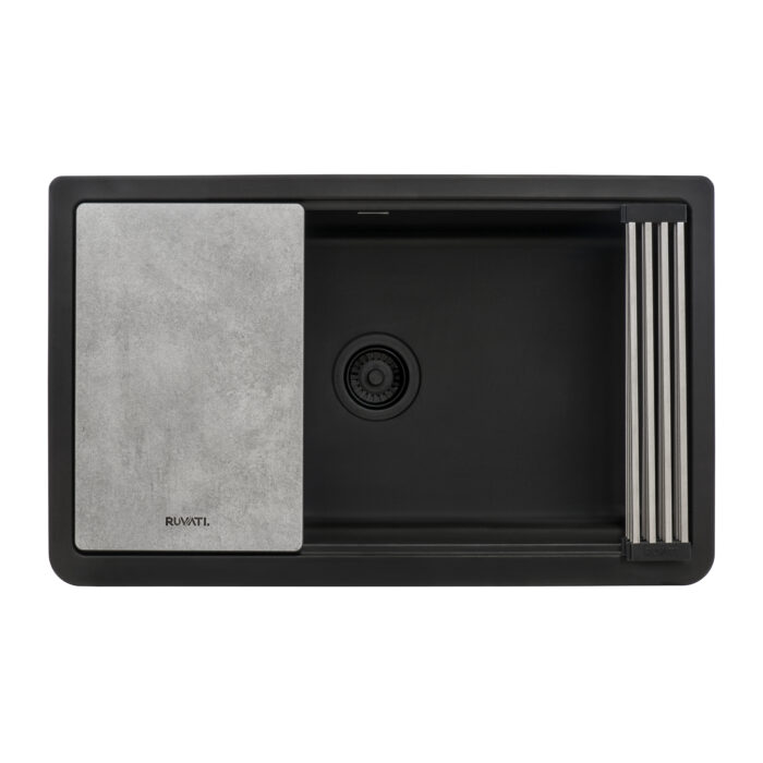epiCast Ruvati 33" Matte Black Granite Farmhouse Workstation Apron-front Composite Kitchen Sink – Model# RVG1533BK