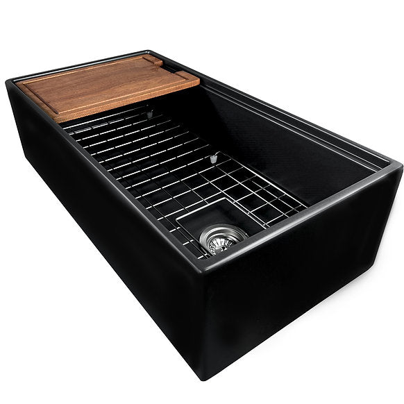 Nantucket Sinks - 36" Fireclay Farmhouse Workstation Single Bowl Kitchen Sink In Matte Black Model# T-PS36MB