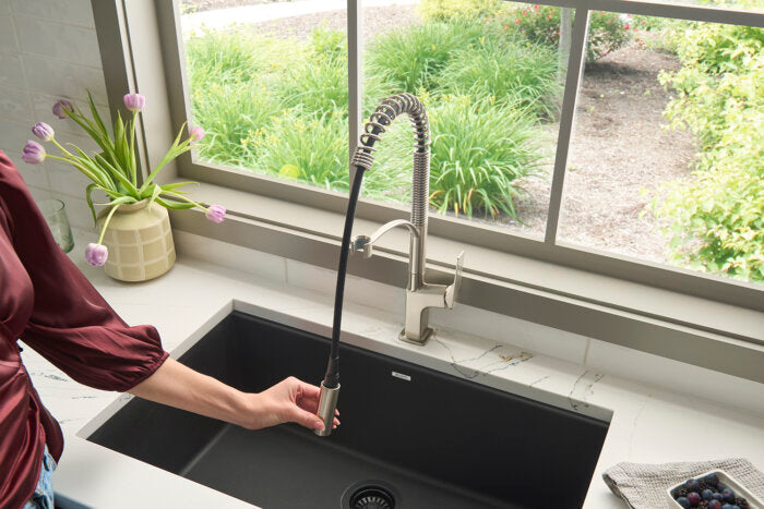 Seneca Model: RVF1236BN Ruvati Seneca Stainless Steel Single Handle Pull Down Kitchen Faucet Modern Sharp Style with Pre-Rinse Sprayer – RVF1236BN