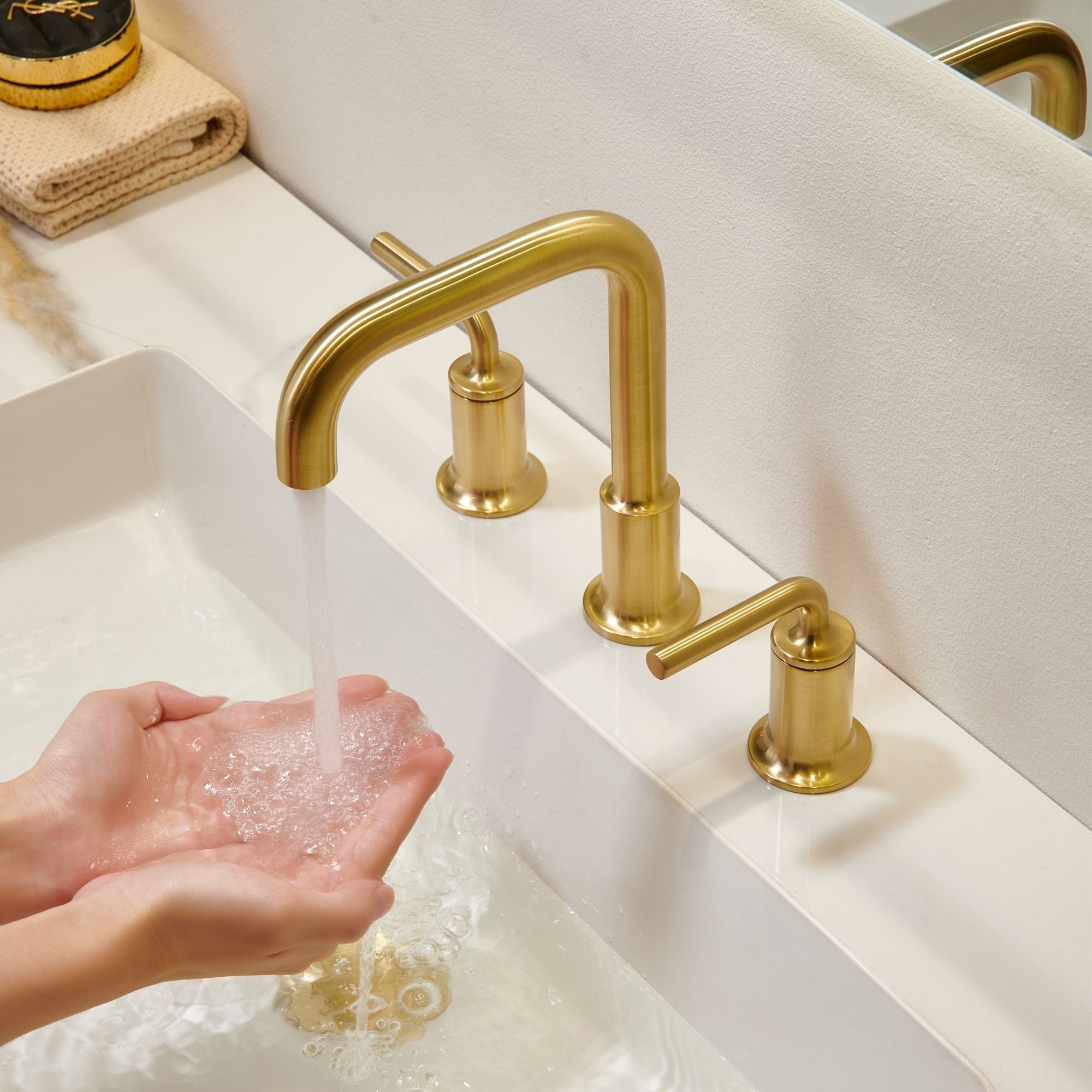 Oakland Wide Spread 2 Handle Bathroom Sink Faucet with Pop Up Drain in Satin Gold – Model #KSB8236SG