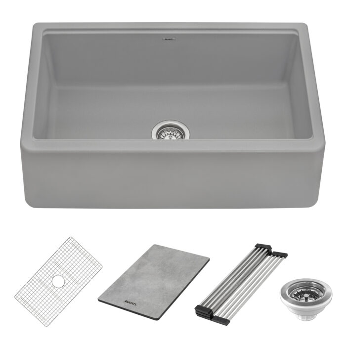 epiCast Ruvati 33-inch Matte Gray Granite Farmhouse Workstation Apron-front Composite Kitchen Sink – Model# RVG1533GR