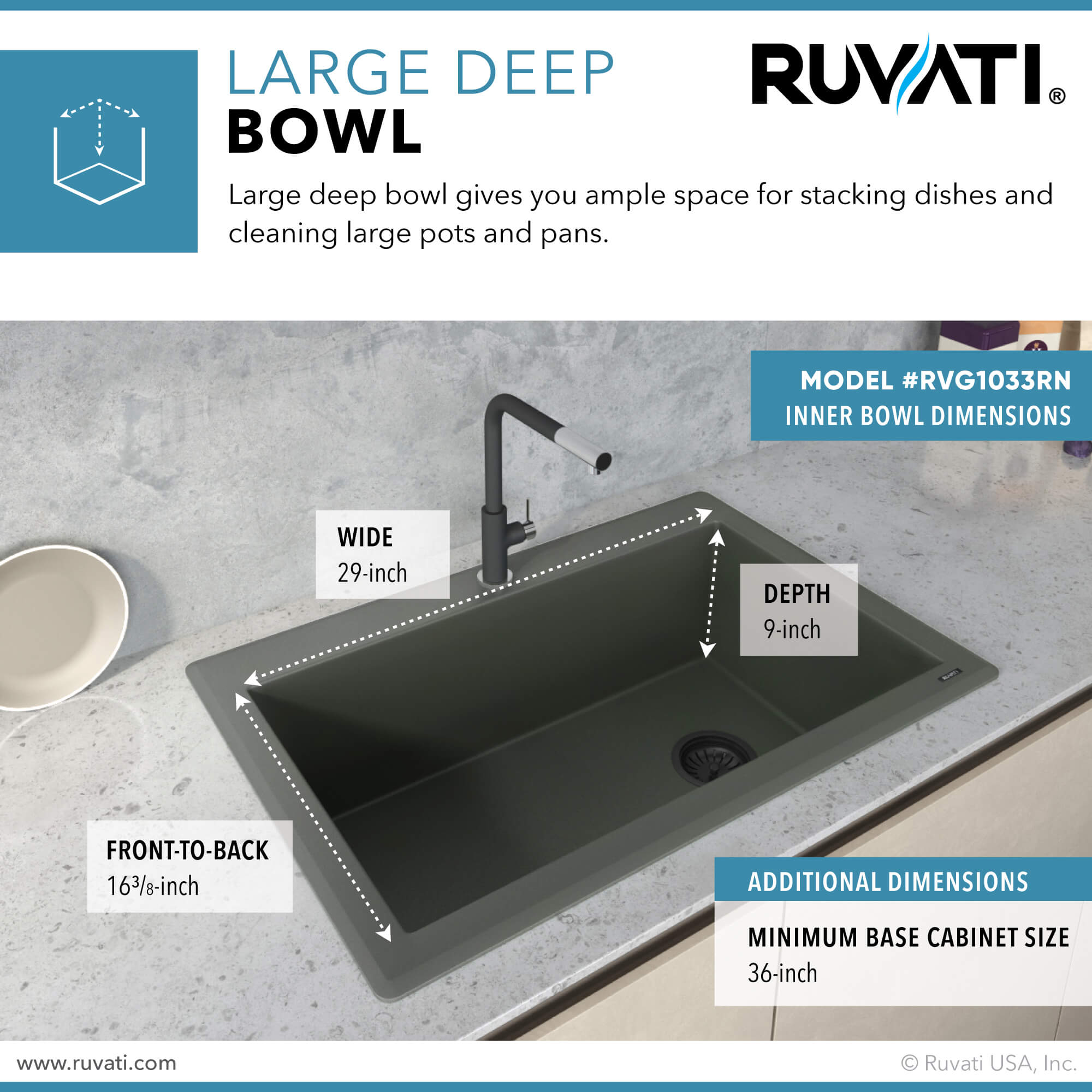 epiGranite Model: RVG1033RN Ruvati 33 x 22 inch Granite Composite Quartz Drop-in Topmount Single Bowl Kitchen Sink – Juniper Green – RVG1033RN