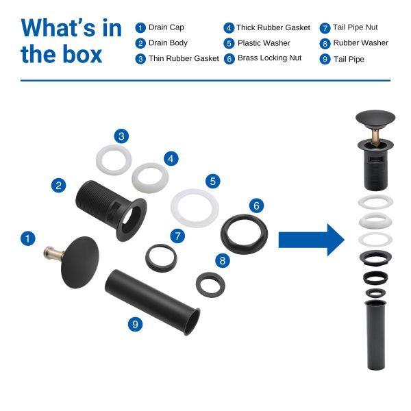 Oakland Bathroom Sink Drain Push Style Pop-Up with Overflow in Matte Black Finish Model# KSPOP-05