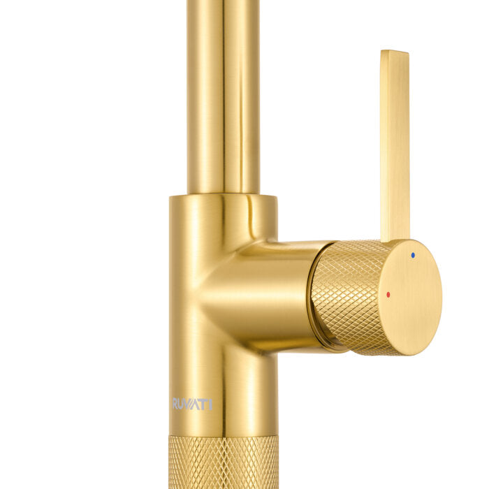 Isola Model: RVF1248SG Ruvati Isola Single Handle Pull Out Kitchen Faucet Knurl Transitional with Sprayer in Brushed Gold – RVF1248SG